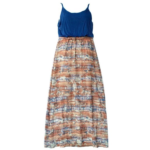 CATO Women Dress Size Large Blue Brown Maxi Sleeveless Round Neck Belt Pullover - Picture 1 of 9